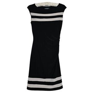Lauren‎ Ralph Lauren Black White Striped Dress 4 Ruching Knee Length Cap Sleeve